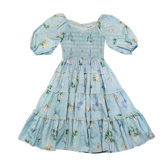 Ivy City Co Blue Foral Tiered Puff Sleeve Linen Ruched Midi Dress - Large - Picture 3 of 10